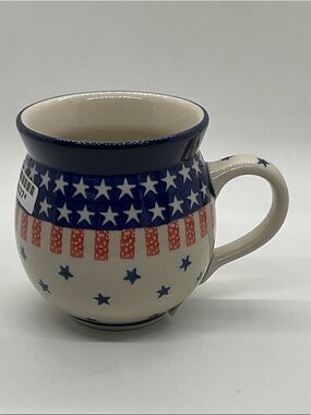NWT Boleslawiec Blue and Red Star Pattern Ceramic Mug